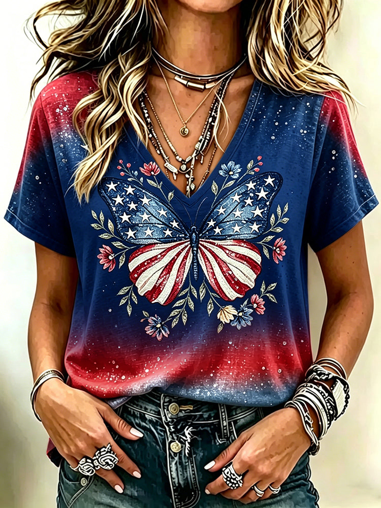 Cardydony Women's Vintage Independence Day Butterfly Printed V Neck Short Sleeve Casual Shirt