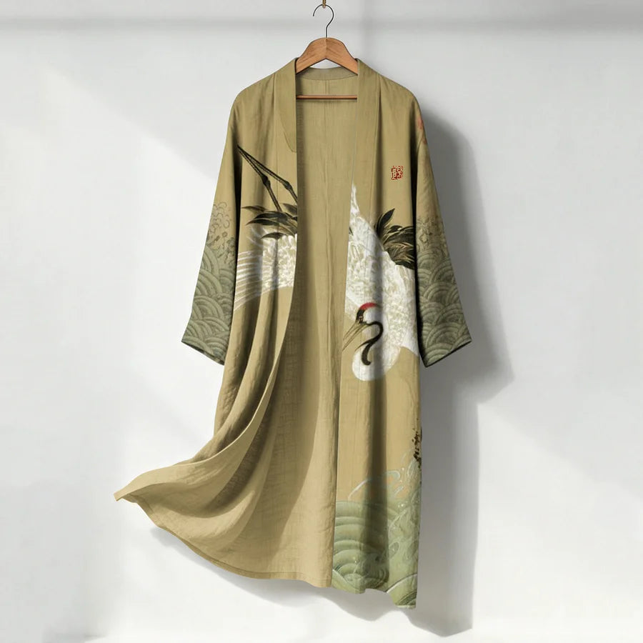 Cardydony Women's Retro Japanese Crane Art Print Flowy Long Linen Kimono