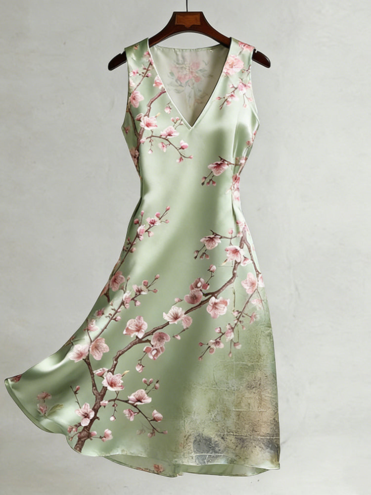 Cardydony Women's Japanese Cherry Blossom Pattern V-neck Sleeveless Midi Dress