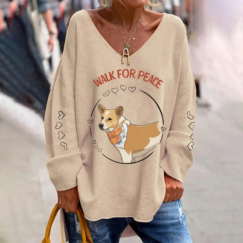 Cardydony Women's Retro Walk For Peace Aloka Dog Print V Neck Loose T-shirt