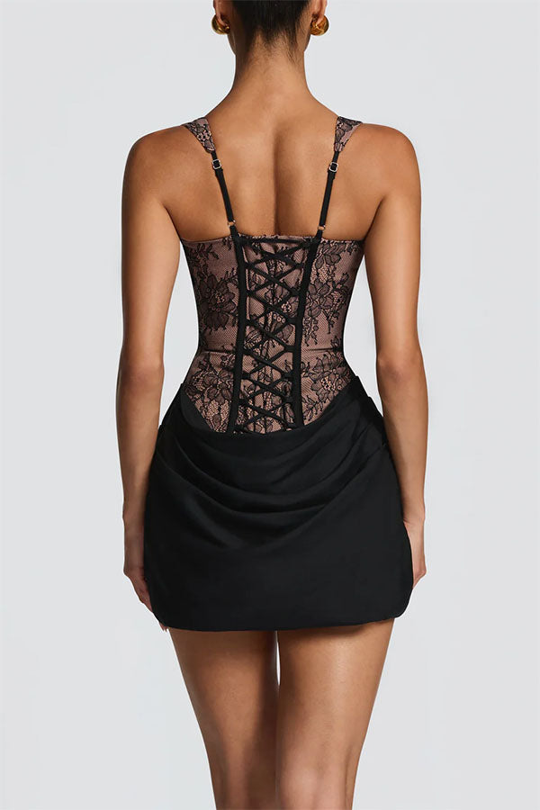 Cardydony Women's Cornelia Floral Lace Contrast Structural Detail Back Lace-up Satin Hem Mini Dress