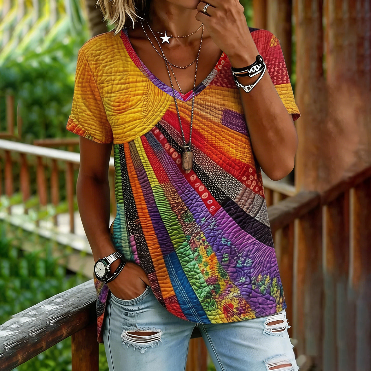 Cardydony Women's Colorful Sun Collage Art Print Short Sleeve V Neck Tshirt