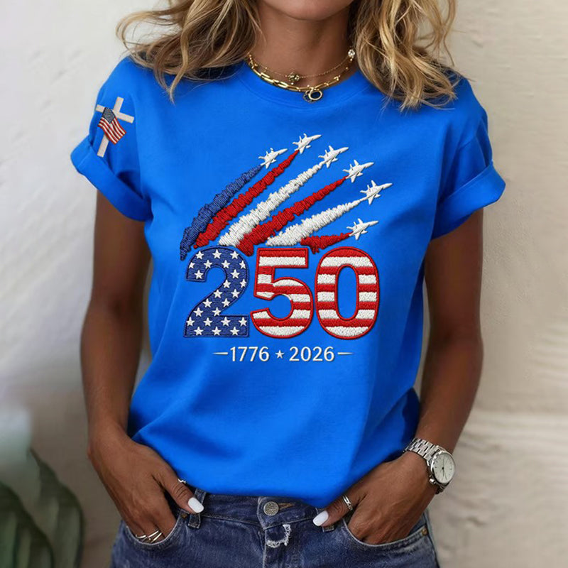 Cardydony Women's Usa 250th Anniversary Embroidered Print T-shirt
