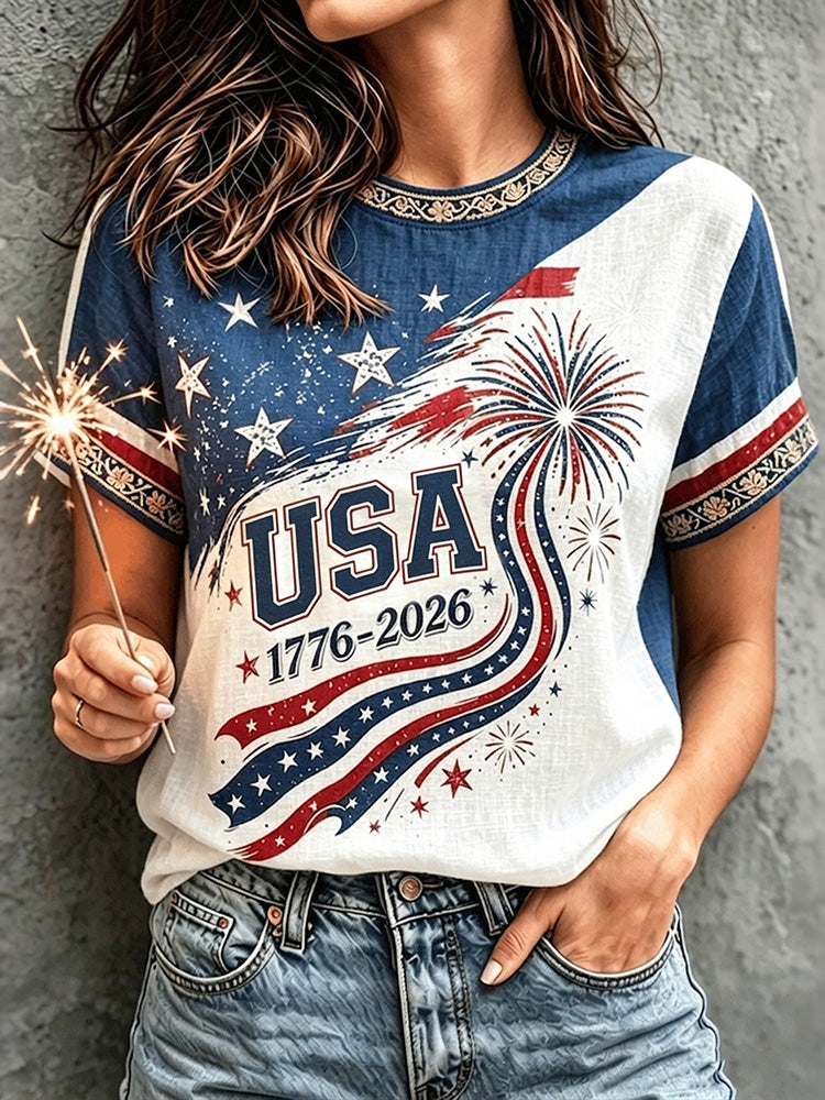 CardydonyWomen's Retro Independence Day Flag Art Crew Neck Linen Blend T-shirt