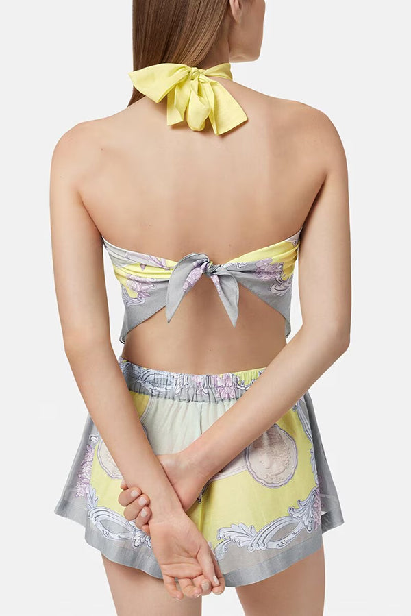 Cardydony Women's Amalfi Coast Satin Unique Print Scarf Top and Elastic Waist Pocket Loose Shorts Set