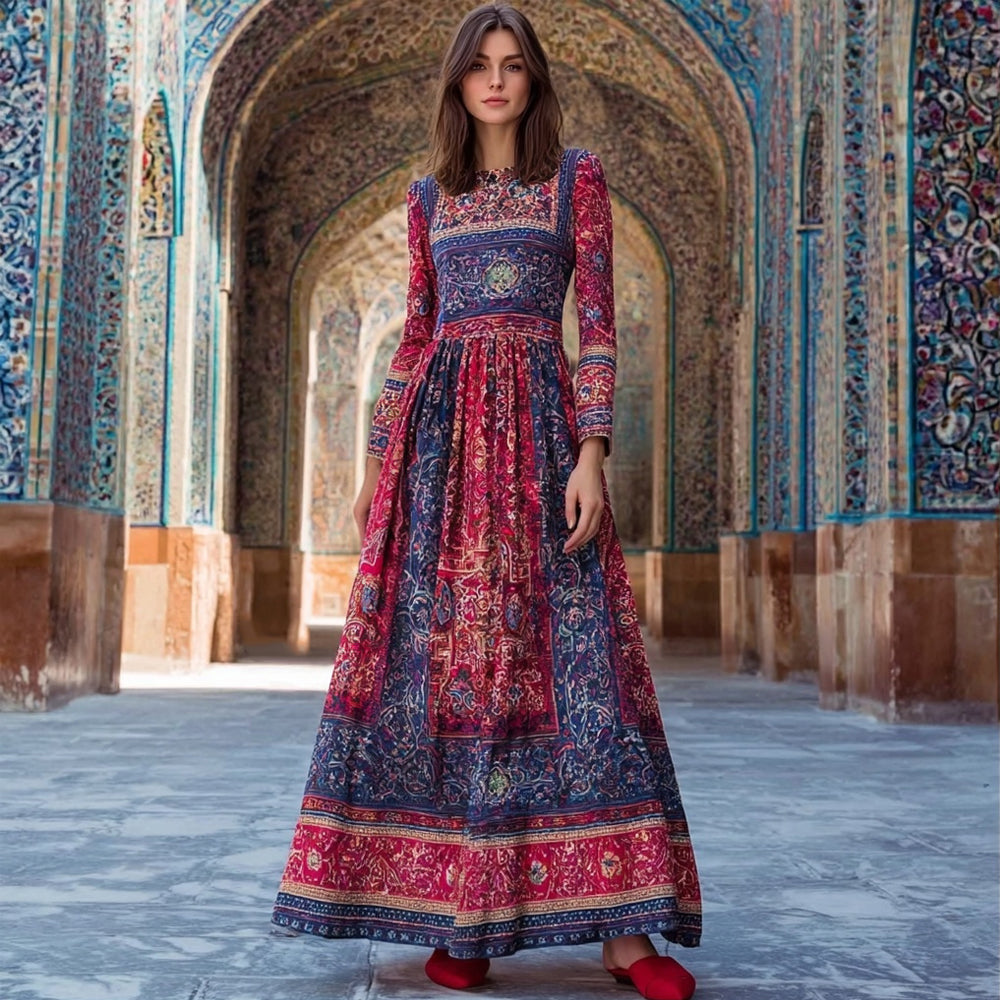 Cardydony Vintage Iran Persian Pattern Inspired Cozy Linen Maxi Dress