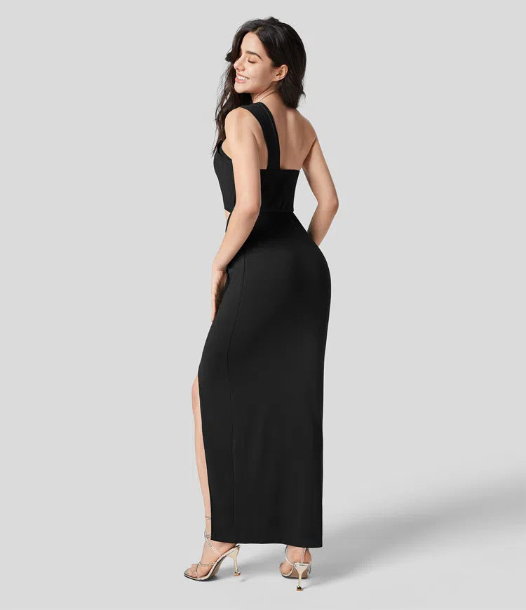 Cardydony Women's Women's Black One-Shoulder Maxi Dress - Draped Cut-Out Slit Dress