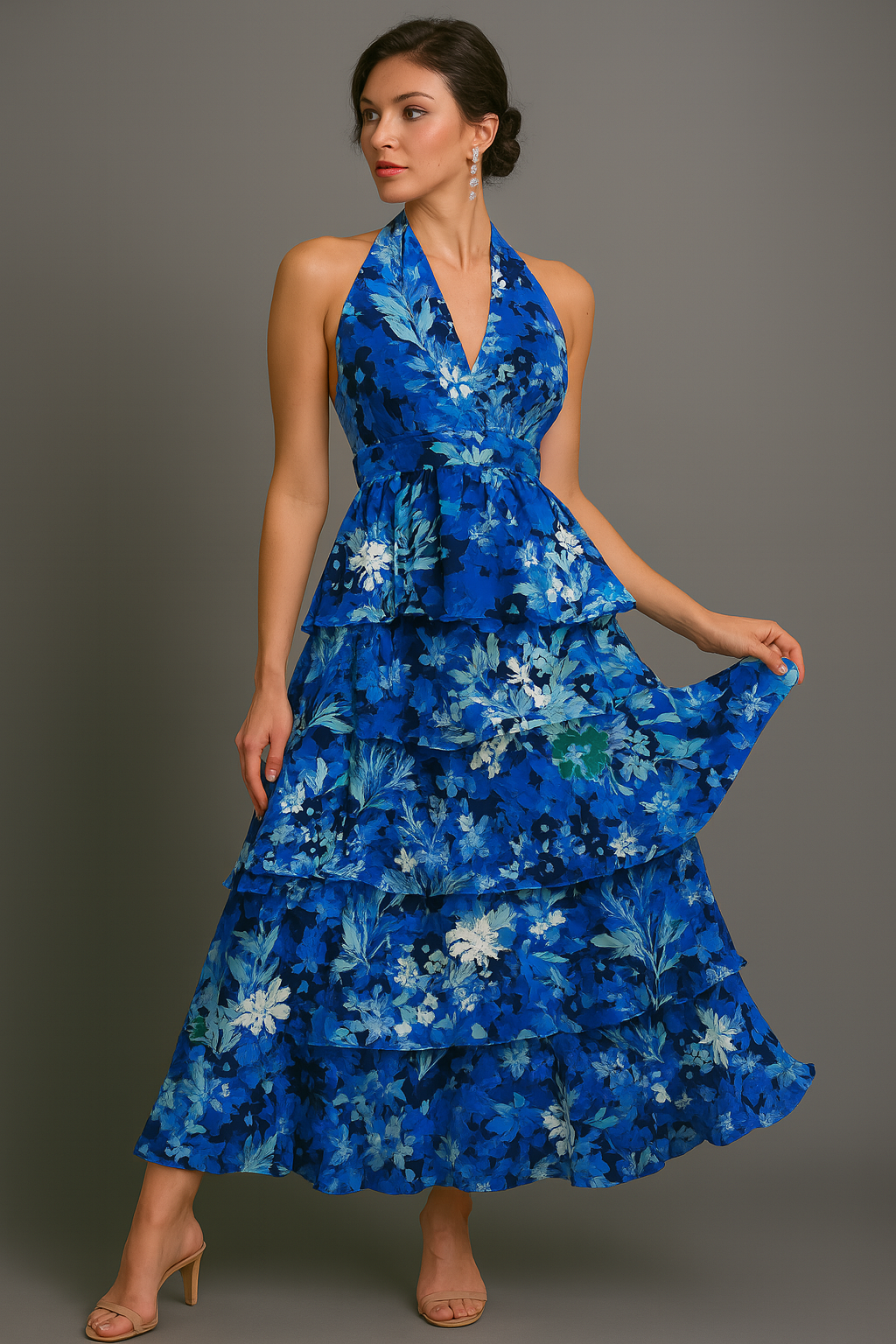 Cardydony Women's Halter Tiered Ruffle Maxi Dress with Floral Print & Waist Detail – Boho Look