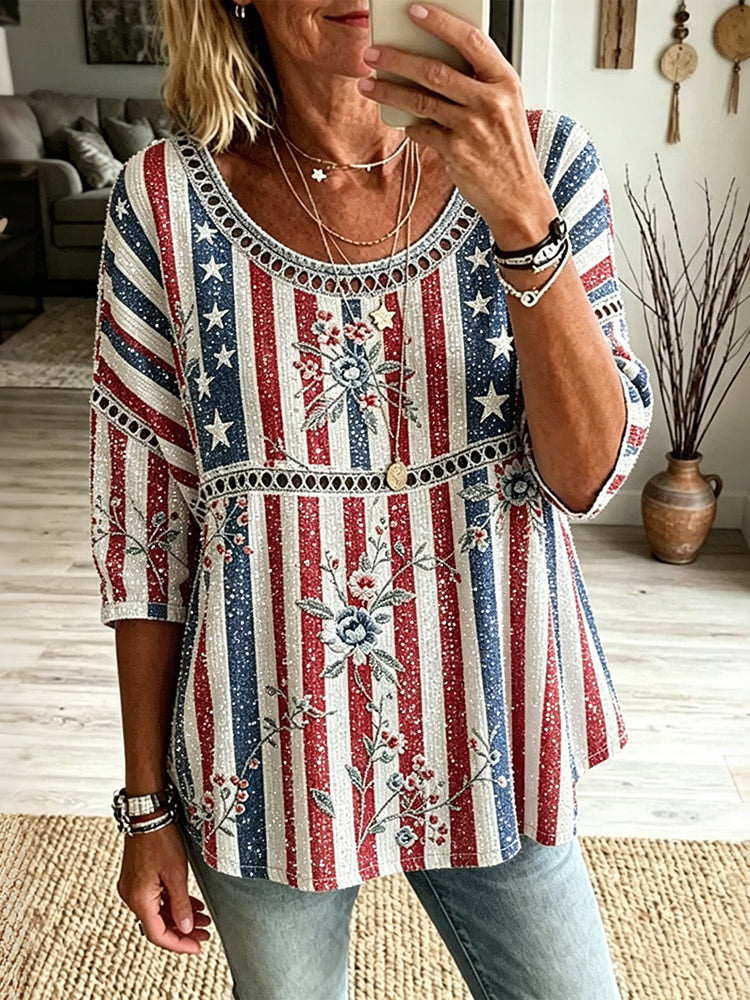 Cardydony Women's Retro Independence Day Anniversary Floral Art Three-quarter Sleeve Round Neck Top
