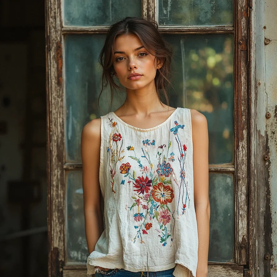 Cardydony Vintage Flowers Embroidery Art Linen Sleeveless Top
