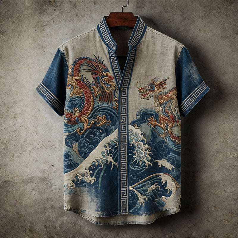 Cardydony Men's Ancient Dragons Sea Waves Japanese Art Linen Shirt