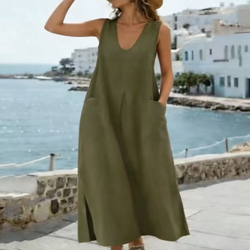 Cardydony Women's Solid Color U-neck Sleeveless Pocket Slit Vest Midi Dress