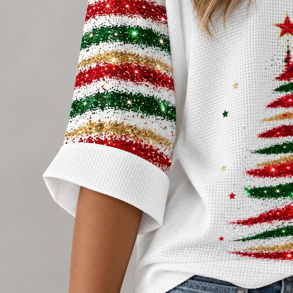 Cardydony Women's Festive Christmas Tree Glitter Print Relaxed Fit V-neck Three Quarter Sleeve T-shirt