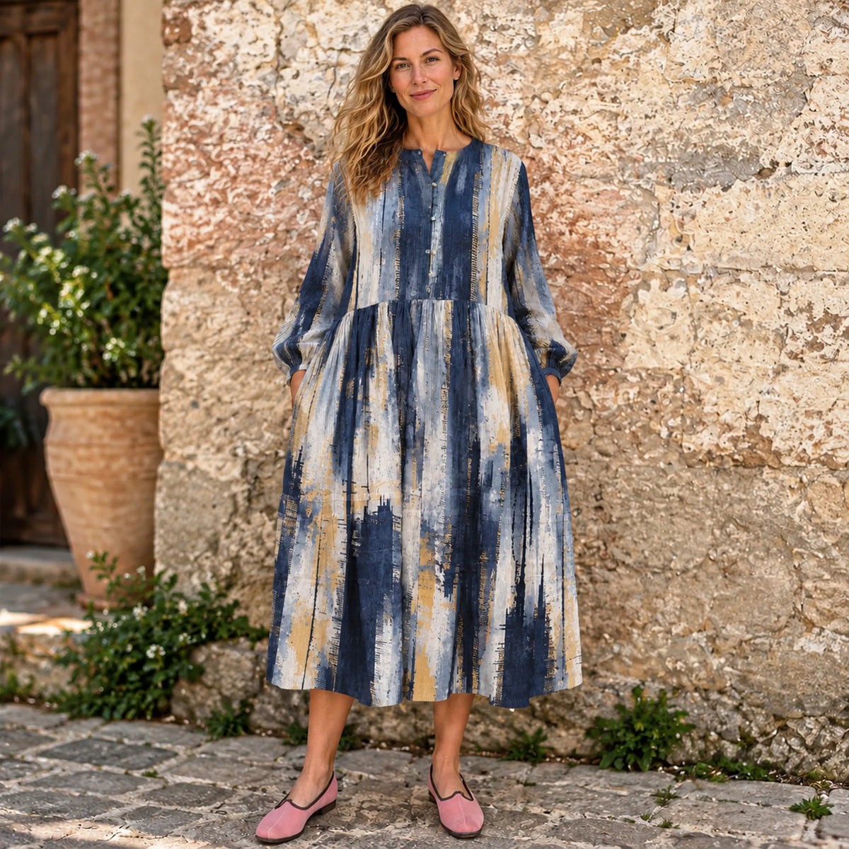 Cardydony Women's Vintage Boho Casual Abstract Brushstroke Print Midi Dress