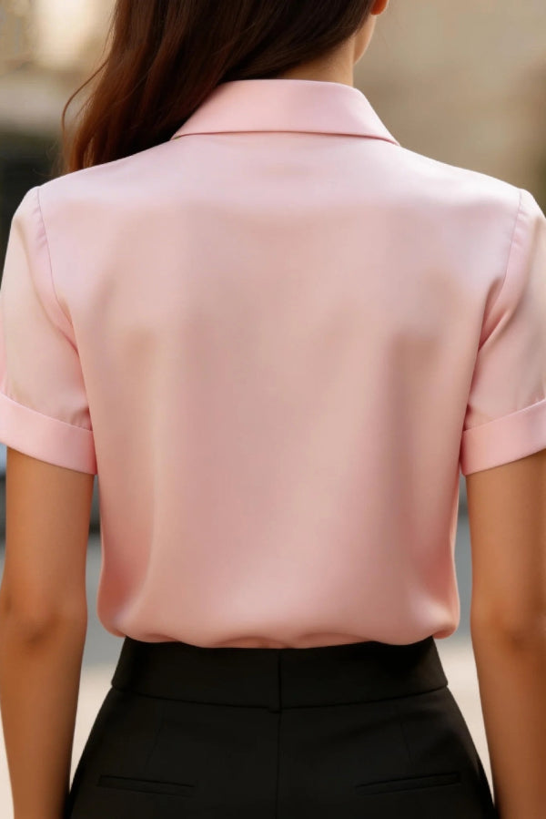 Cardydony Women's Solid Color Collared Tie Short-sleeved Casual Shirt