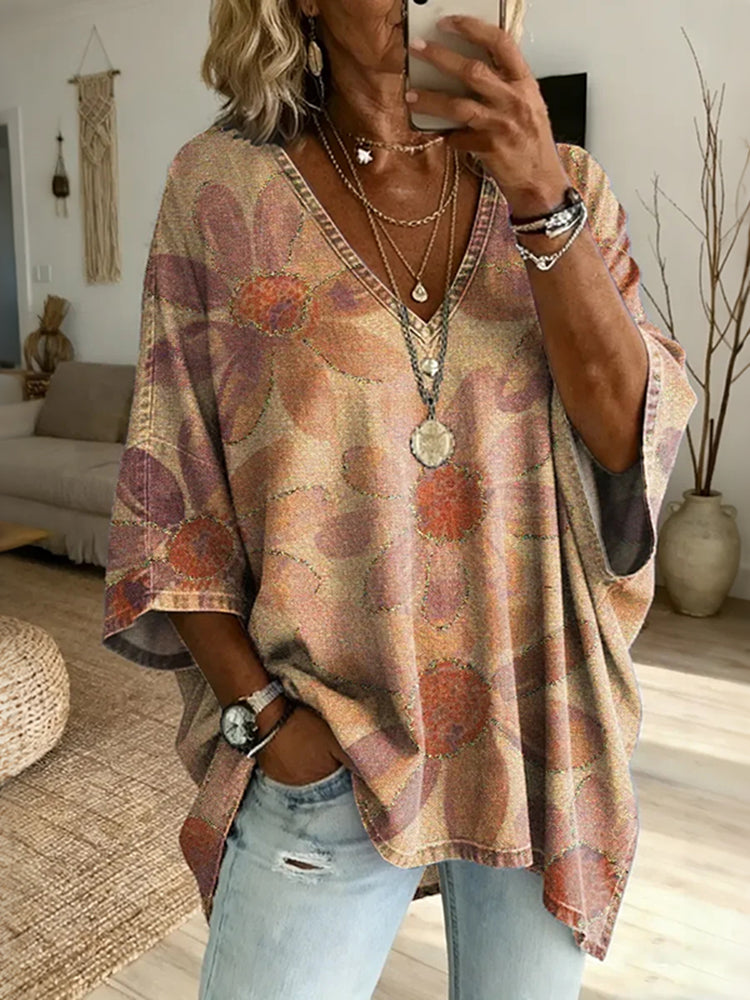 Cardydony Women's Vintage Floral Art Print Casual Loose Cotton Top
