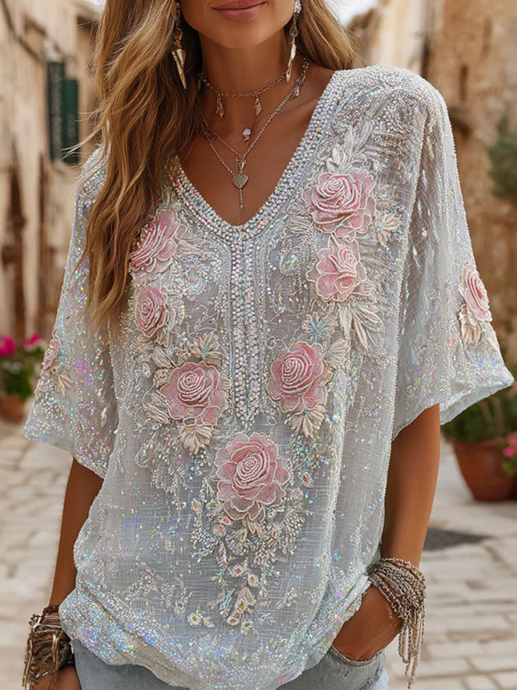Cardydony Women's Rose Art Sequin Embroidery Summer V-neck Cotton Linen T-shirt