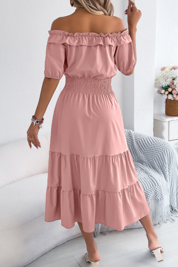 Cardydony Women's Stylish Off-shoulder Short-sleeved Pleated Waist Casual Midi Dress