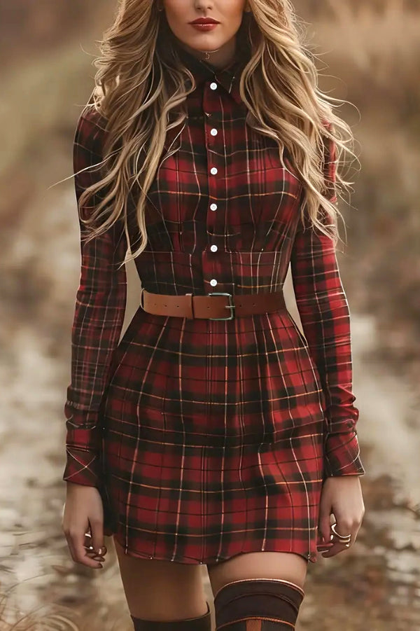 Cardydony Women's Plaid Print Lapel Long Sleeve Button-down Belt Mini Dress