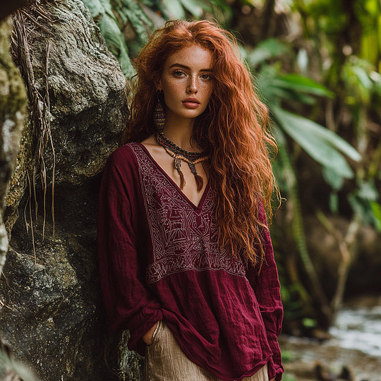 Cardydony Bohemian Tribal Embroidery Print Cotton And Linen Blend Loose Blouse