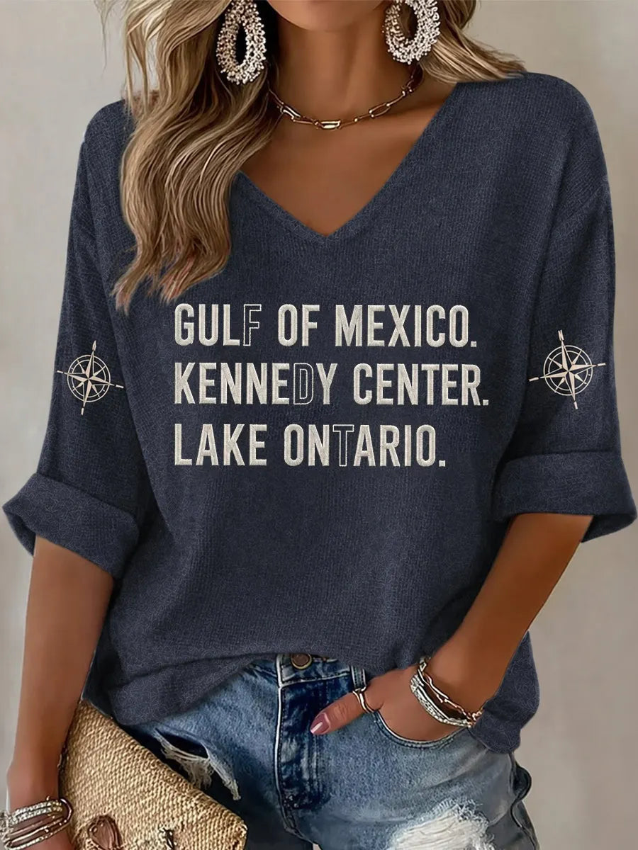Cardydony Women's Retro Lake Ontario Art Print V Neck T-shirt