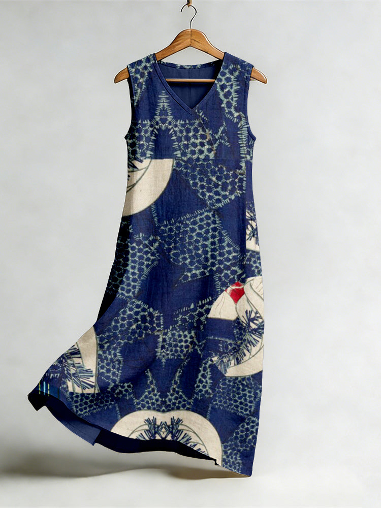 Cardydony Vintage Japanese Art Pattern Flowy Linen Midi Dress