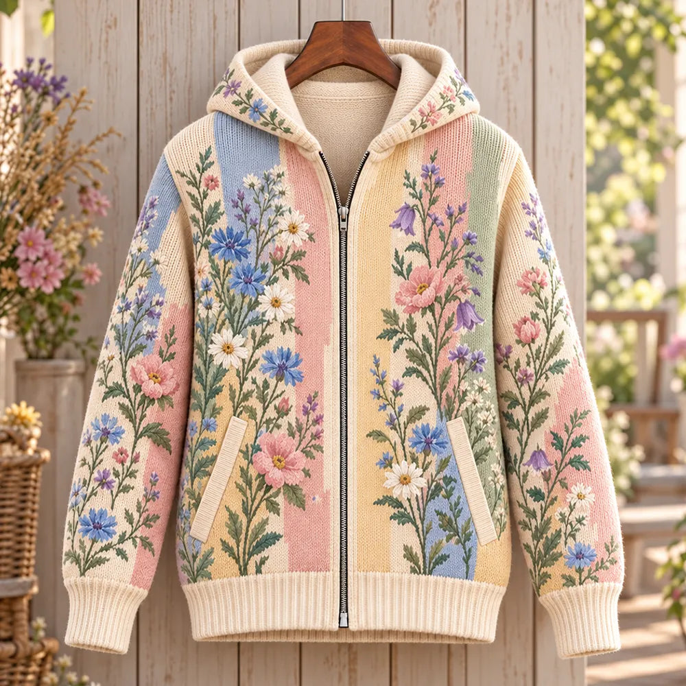 Cardydony Women's Pastel Stripe Wildflower Botanical Print Zip-up Hooded Knit Cardigan