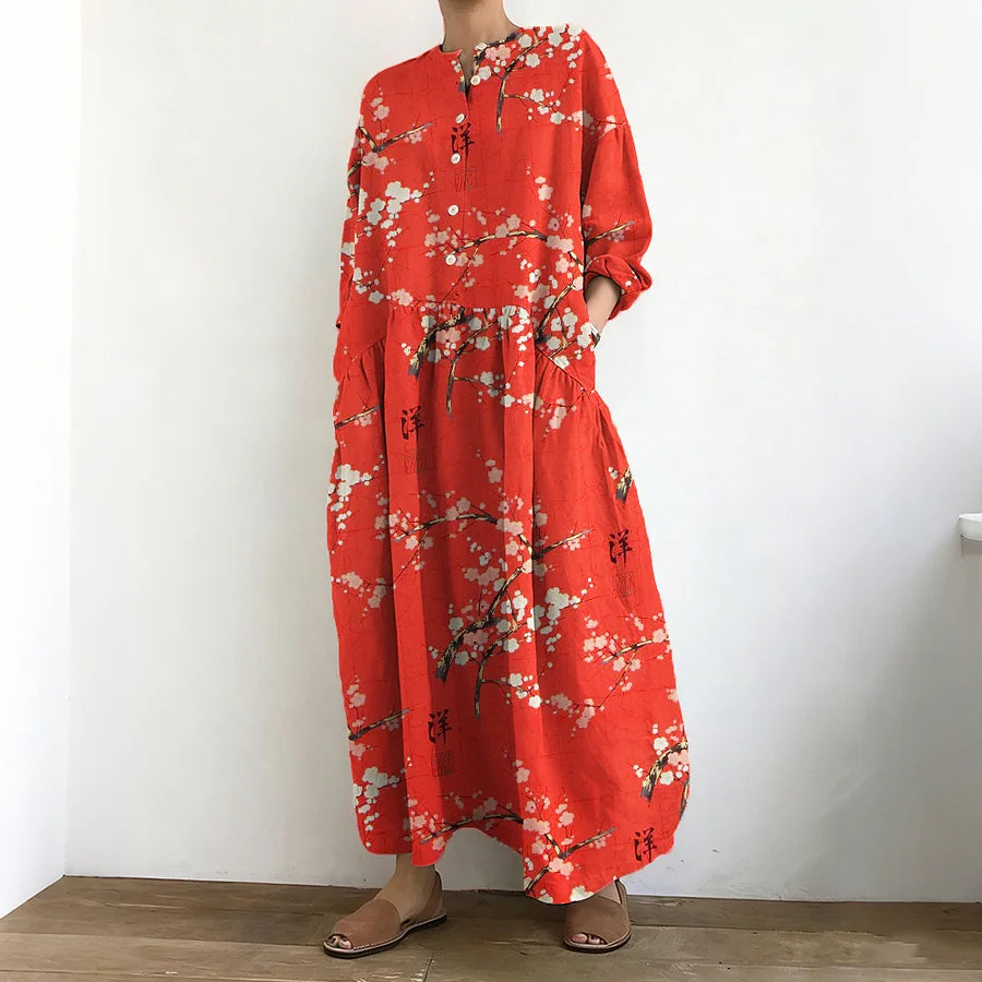 Cardydony Vintage Cherry Blossom Art Pattern Cozy Linen Maxi Dress