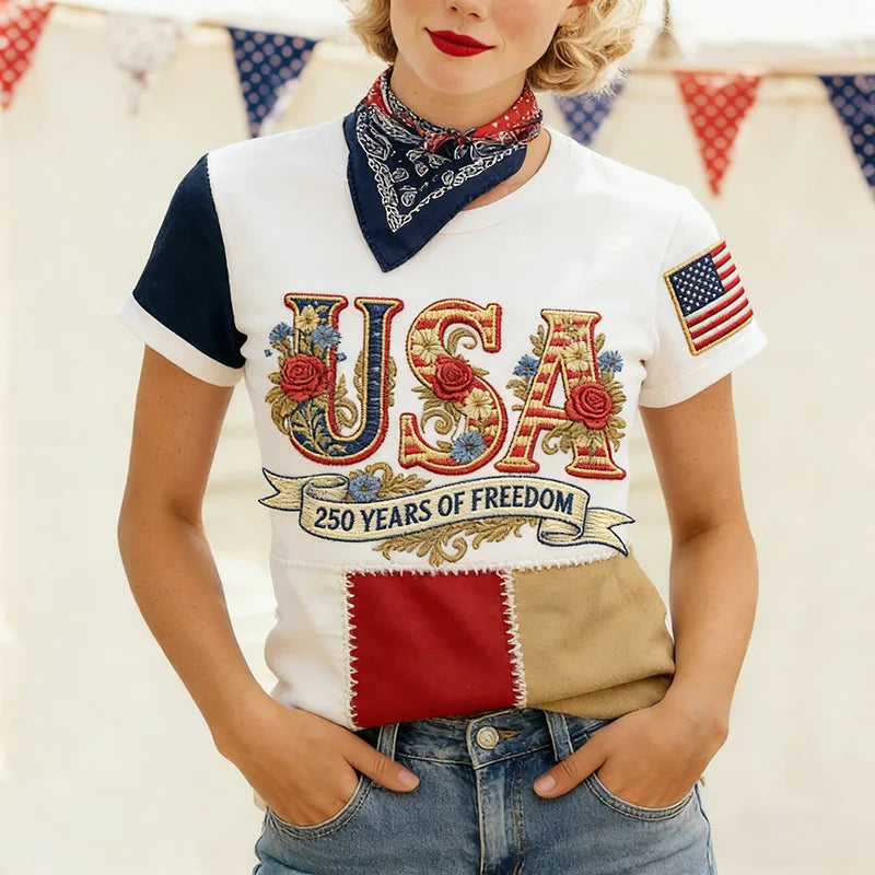 Cardydony Women's Casual American 250th Anniversary In Patchwork Art Casual T Shirt