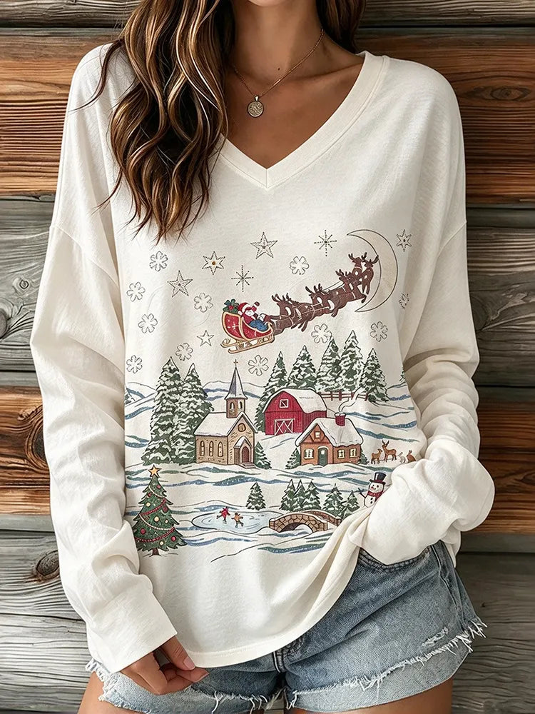 Cardydony Women's Vintage Christmas Train And Animal Sleigh Casual T-shirt