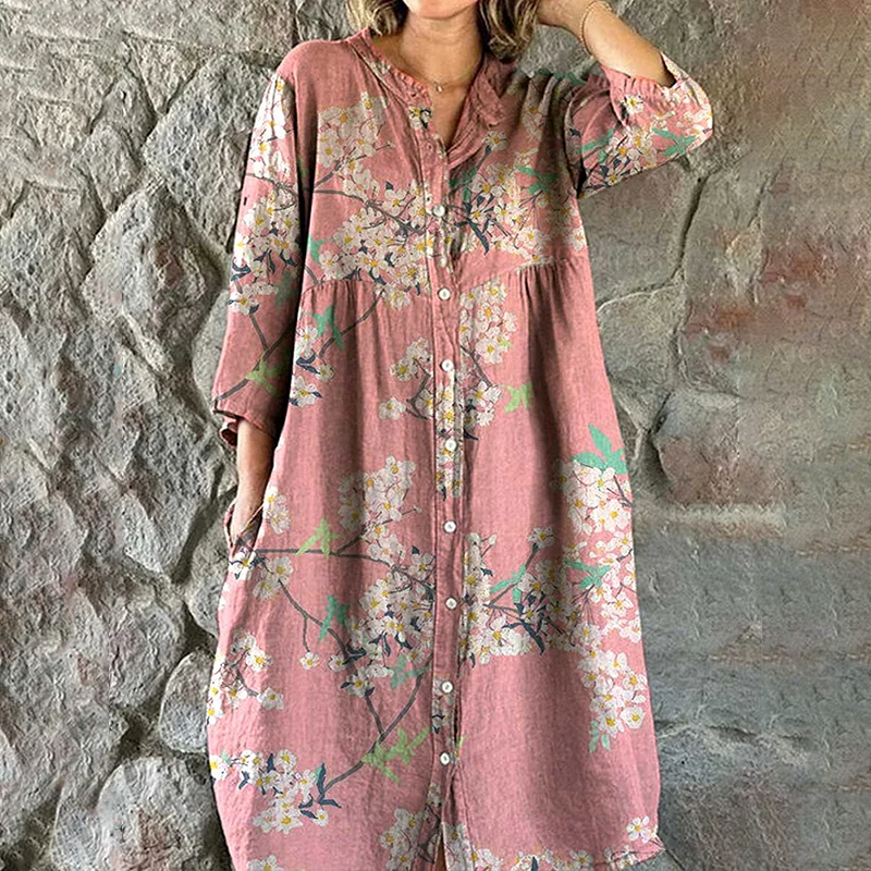 Cardydony Women's Elegant Simple Floral Pattern Shirt Cotton And Linen Dress