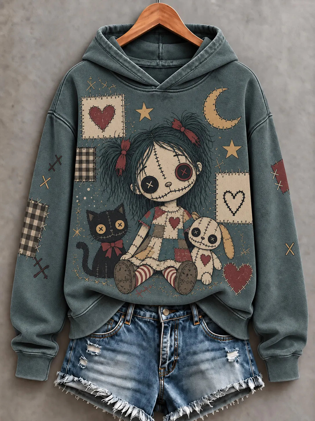 Cardydony Women's Halloween Patchwork Doll Art Print Hoodie