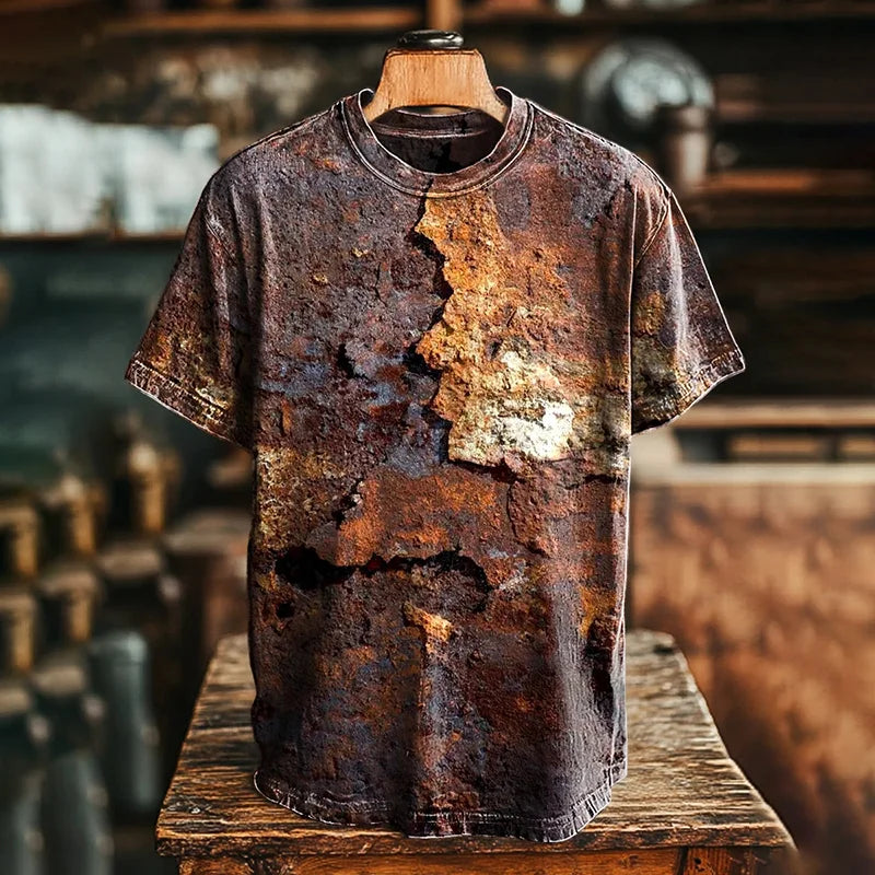 Cardydony Unisex Retro Aged Rust Printed Casual Loose Short Sleeve T-shirt