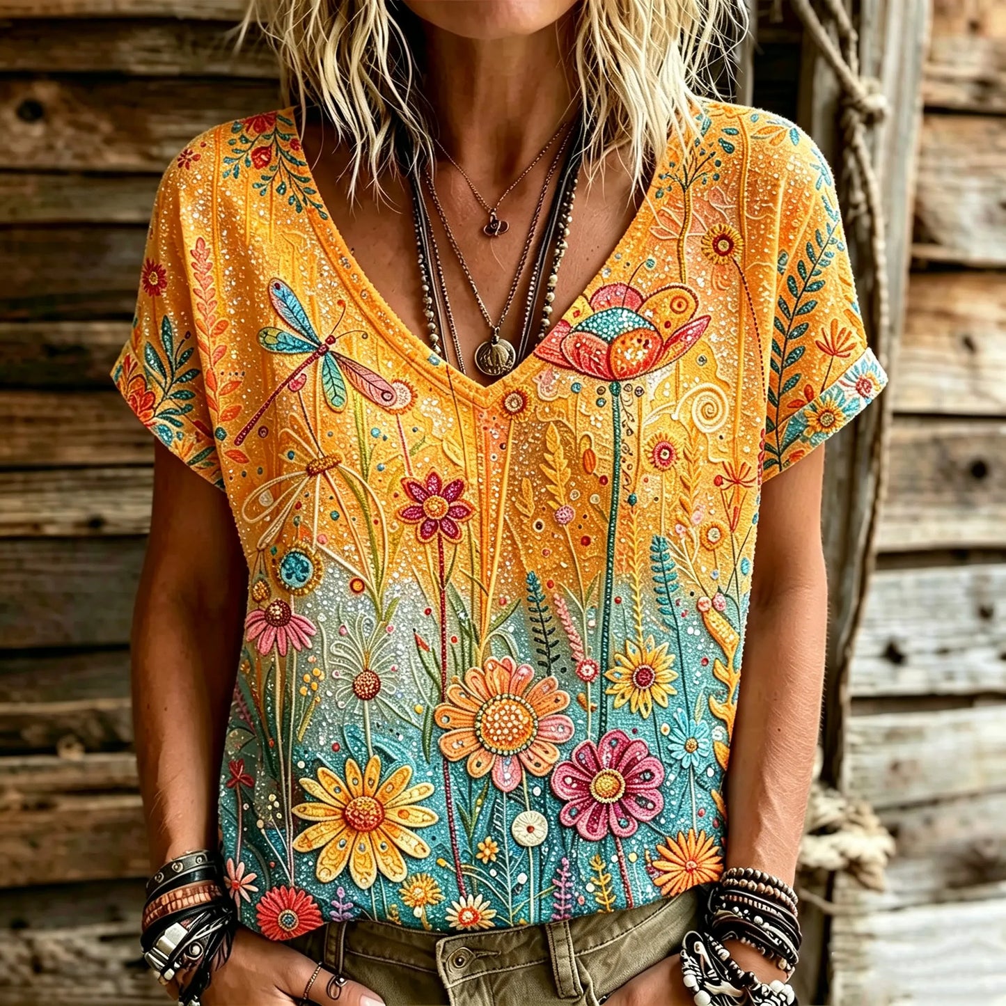 Cardydony Women's Retro Bohemian Hippie Style Floral Print Sequin V-neck Short-sleeve Top