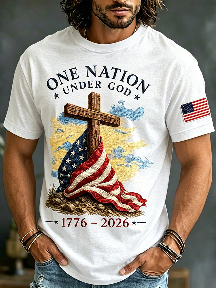 Cardydony Men's Retro Independence Day Anniversary Faith Cross Flag Print Casual T-shirt