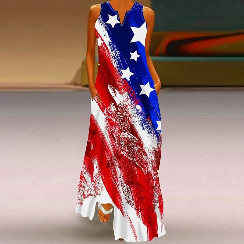 Cardydony Women's America's 250th Anniversary V-neck Sleeveless Maxi Dress
