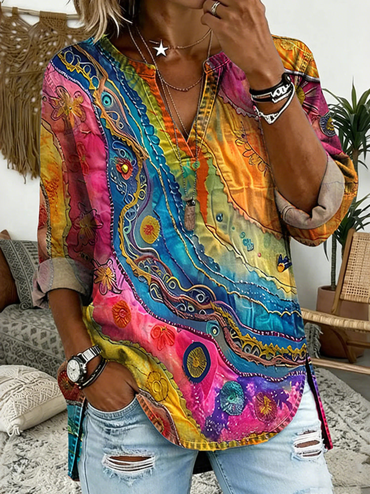 Cardydony Women's Colorful Wave Texture Pattern V Neck Blouse