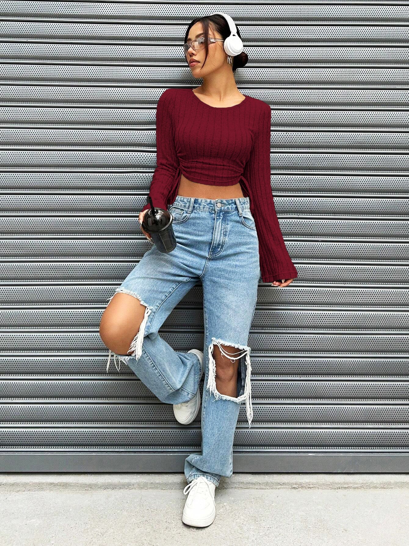 Cardydony Women's Women's Ribbed Long Sleeve Crop Top – Tie Side Bell Sleeve Knit