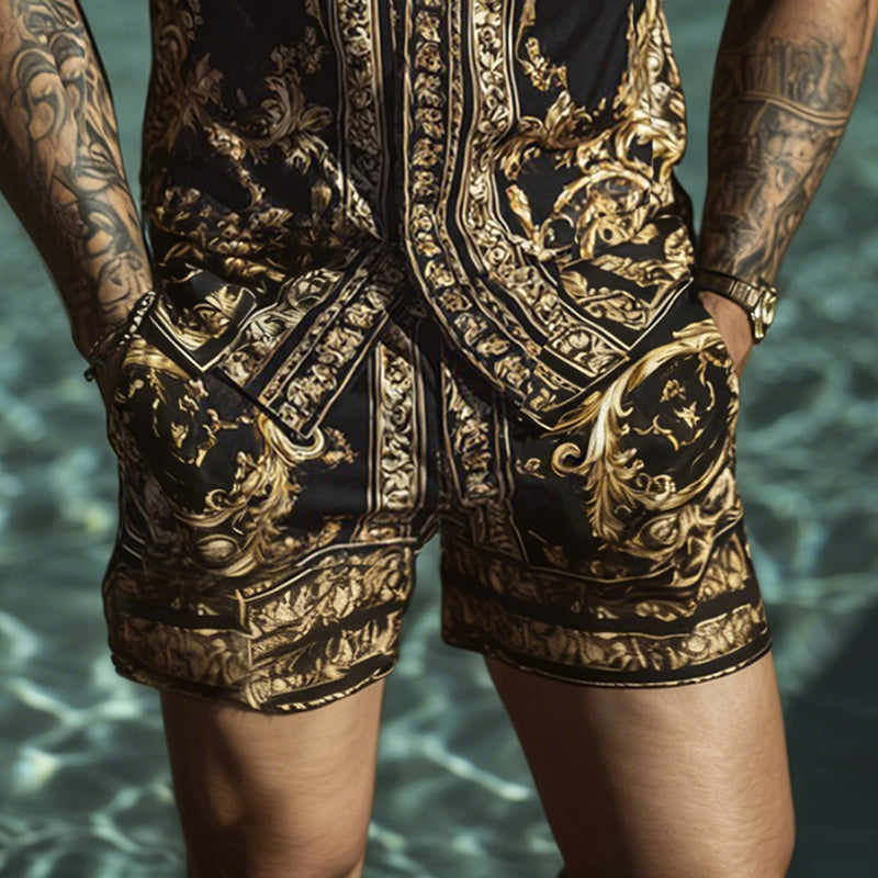 Cardydony Men's Fashion Baroque Pattern Cuban Shirt And Shorts Two-piece Set