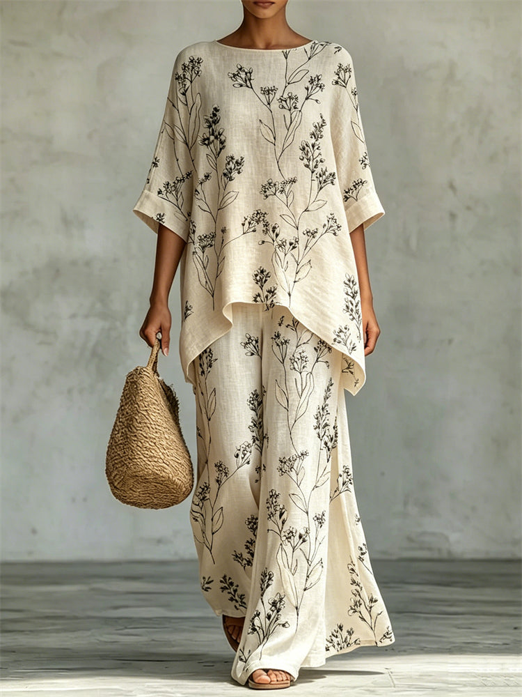 Cardydony Classy Forest Floral Flowy Linen Tunic & Wide Leg Pants Set