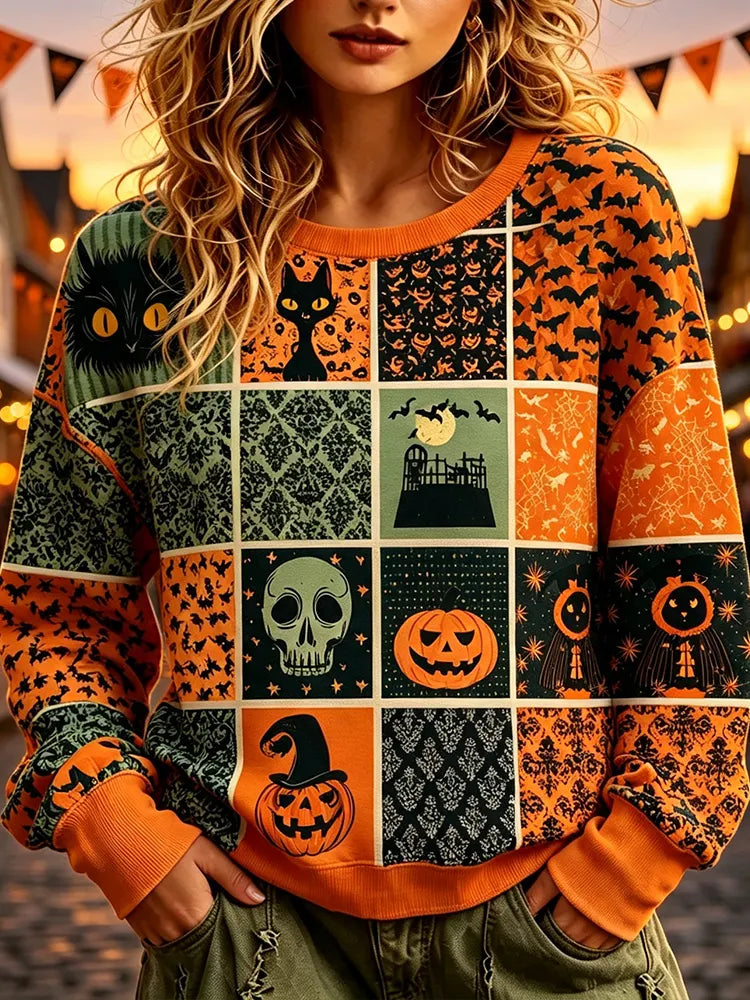 Cardydony Women's Halloween Patchwork Graphic Crewneck Sweatshirt - Spooky Black Cats, Skulls And Pumpkins Print Pullover