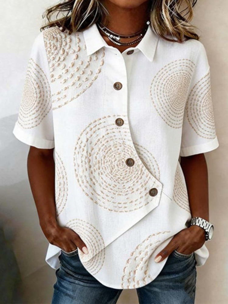 Cardydony Women's Geometric Embroidery Pattern Short Sleeve Irregular Shirt