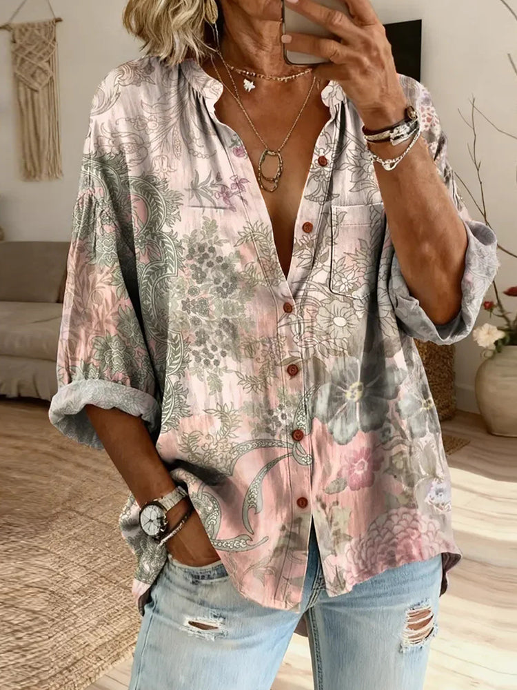 Cardydony Women's Floral Art Print Casual Cotton-linen Blend Shirt