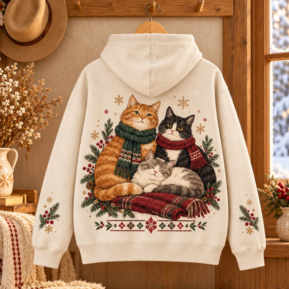 Cardydony Women's Christmas Cozy Cats With Scarves Graphic Fleece Hoodie