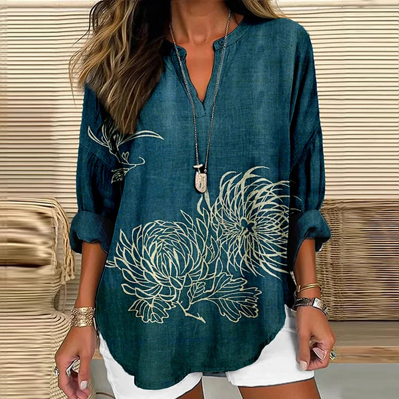 Cardydony Vintage Japanese Floral Art Cozy Linen Tunic
