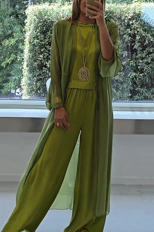 Cardydony Women's Solid Color Long Cardigan + Round Neck Casual Top and Elastic Waist Wide Leg Pants Three-piece Set