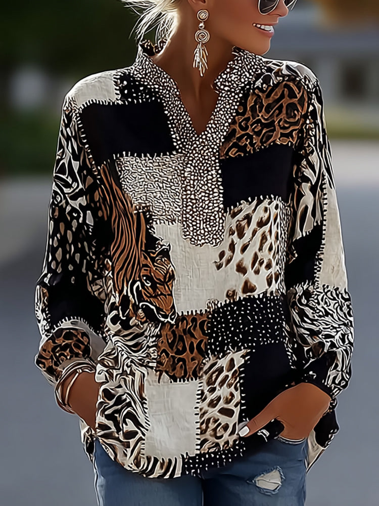 Cardydony Vintage Leopard And Animal Patchwork Art Pattern Linen Blend Loose Tops
