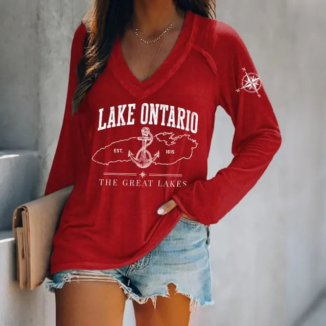 Cardydony Women's Lake Ontario Est 1615 The Great Lakes V-neck Print T-shirt