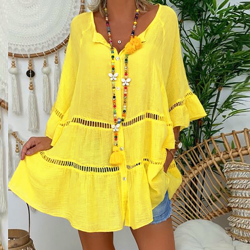 Cardydony Casual Lace-trimmed Three-quarter Sleeve Cotton And Shirt Dress