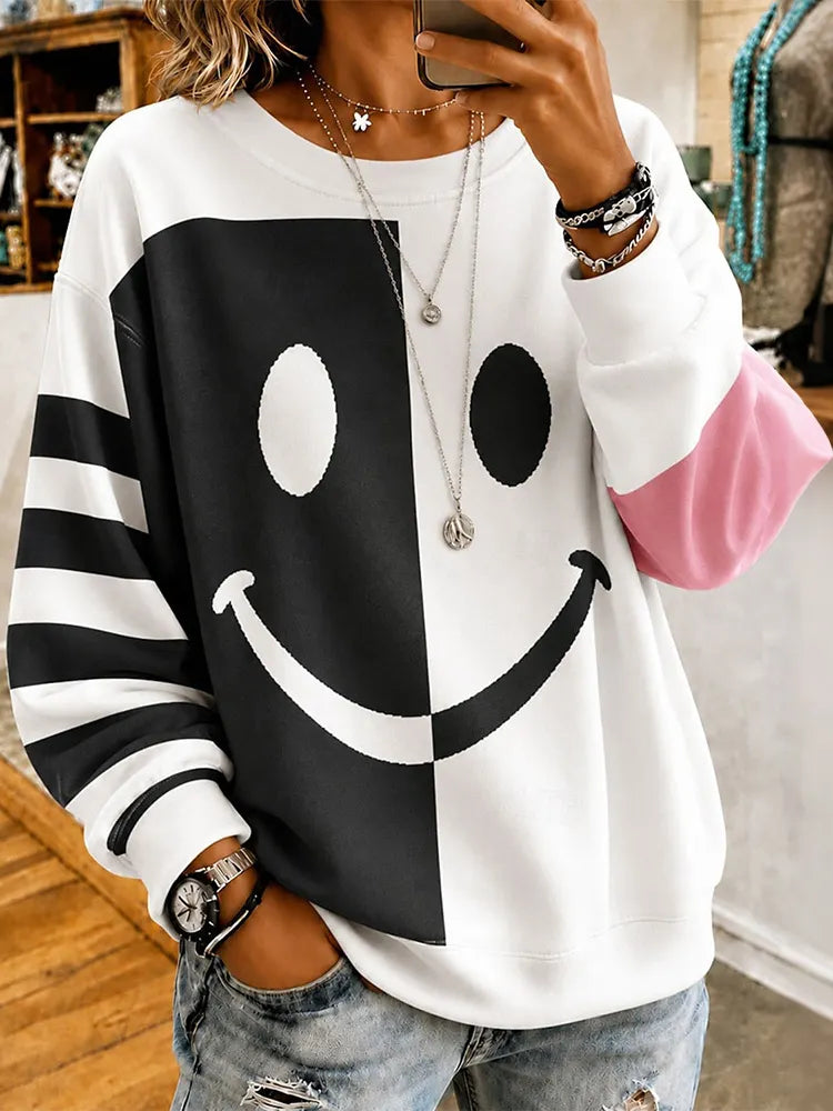 Cardydony Women's Retro Halloween Smiley Face Print Sweatshirt